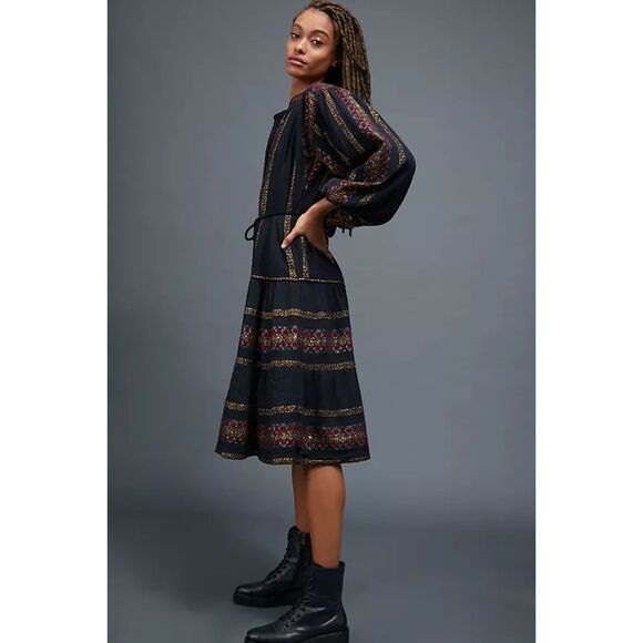 Anthropologie Mes Demoiselles Montserrat Dress Embroidered Puff Sleeves Midi NWT - Picture 2 of 15